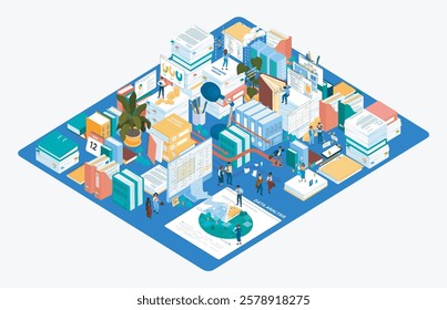 Isometric office environment with stacks of papers, books, and documents forming a cityscape, featuring miniature businesspeople analyzing data, working, and managing tasks in a busy corporate setting