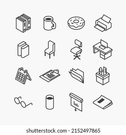 isometric office equipment icons flat line. element object work design vector set.