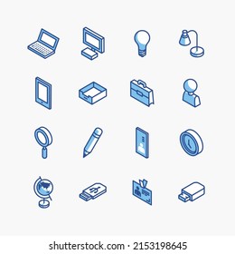el equipo isométrico de oficina iconos de línea plana. conjunto vectorial de diseño de objetos de elemento.