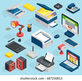 Isometric office equipment technics vector