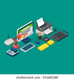 Isometric office equipment vector