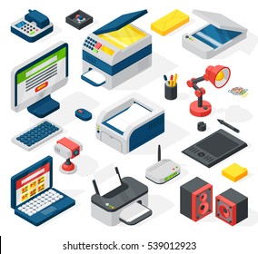 Isometric office equipment vector 3d icons computer, phone, printer, scanner. Business management items set illustration isolated on white.