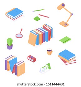 Isometric office equipment vector illustration set. Various stationery, books and other tools for education or business workplace. Isolated collection of businessman or student workspace elements.