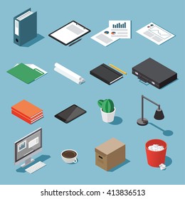 Isometric office equipment vector set: paperwork, tablet, clipboard, book, folder, pen and pencil, table lamp, desktop, case, diagram, open book and organizer, trash can,box, rolls of paper, cactus.