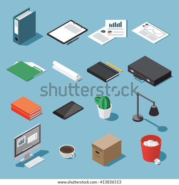Isometric office equipment vector set: paperwork,\
tablet, clipboard, book, folder, pen and pencil, table lamp,\
desktop, case, diagram, open book and organizer, trash can,box,\
rolls of paper,\
cactus.