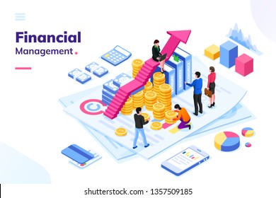 Isometric office with financial auditor or finance people. Man and woman auditor doing tax report or money inspection. Team or cartoon group near growth arrow and coins. Analysis concept, money review