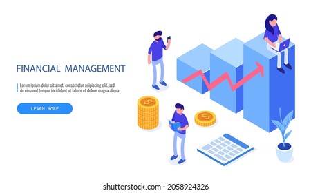 Isometric office with financial auditor or finance people. Man and woman auditor doing tax report or money inspection. Isometric vector web banner.