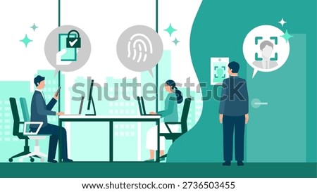 Isometric office floor illustration showing face recognition, fingerprint authentication, and smartphone based multi factor authentication systems for workplace security and digital transformation