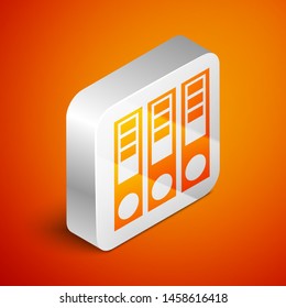 Isometric Office folders with papers and documents icon isolated on orange background. Office binders. Archives folder sign. Silver square button. Vector Illustration