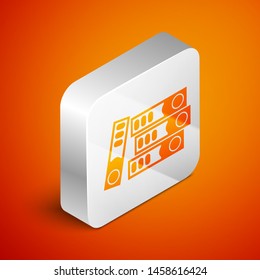 Isometric Office folders with papers and documents icon isolated on orange background. Office binders. Archives folder sign. Silver square button. Vector Illustration