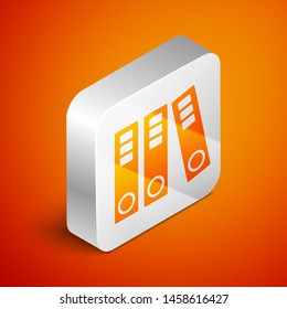 Isometric Office folders with papers and documents icon isolated on orange background. Office binders. Archives folder sign. Silver square button. Vector Illustration