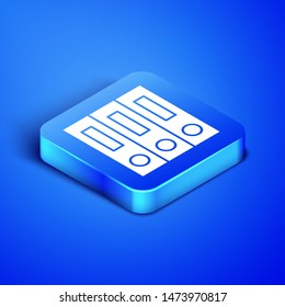 Isometric Office folders with papers and documents icon isolated on blue background. Office binders. Archives folder sign. Blue square button. Vector Illustration