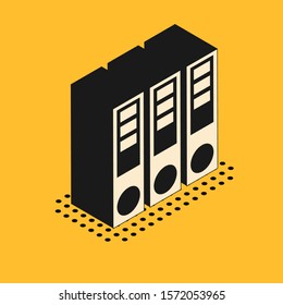 Isometric Office folders with papers and documents icon isolated on yellow background. Office binders. Archives folder sign.  Vector Illustration