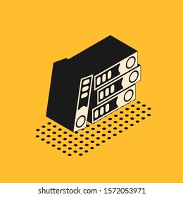 Isometric Office folders with papers and documents icon isolated on yellow background. Office binders. Archives folder sign.  Vector Illustration