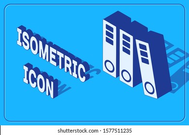 Isometric Office folders with papers and documents icon isolated on blue background. Office binders. Archives folder sign.  Vector Illustration