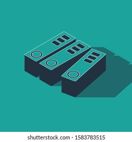 Isometric Office folders with papers and documents icon isolated on green background. Office binders. Archives folder sign.  Vector Illustration