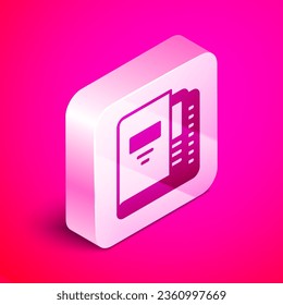 Carpetas de Office isométricas con el icono de papeles y documentos aislados en el fondo rosado. Anexos de Office. Firma de carpeta de archivos. Botón cuadrado plateado. Vector