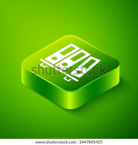 Isometric Office folders with papers and documents icon isolated on green background. Office binders. Archives folder sign. Green square button. Vector