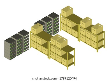 Caja y servidor de hardware completo de oficina isométrica, datos de red de copia de seguridad del sistema digital, signo de comprobación de información 