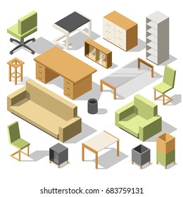 Isometric Office Furniture. 3d Cabinet With Table, Chairs And Armchair, Sofa And Shelves. Vector Illustration Set