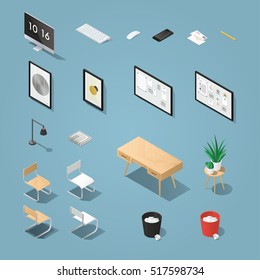 Isometric office furniture and computer set. Detailed objects. Collection includes mid century table, chair, painting, picture, board, lamp, chair, houseplants, desktop computer, keyboard, phone.