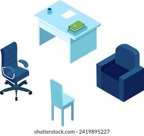 Isometric office furniture set with desk, chairs, and sofa. Blue office interior elements vector illustration. Modern workspace design and organization.