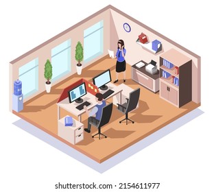 Isometric office indoor, building. People work inside cabinets. Isometry cartoon office. Indoor visual workplace visualization. Corporation inside concept. Office workspace. Vector illustration