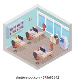 Isometric office interior composed from staff workplaces with desk chair computer and printer in corner vector illustration 