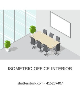 Isometric office  interior concept with desk and chairs and plants vector illustration.