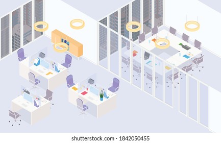 Isometric office interior - desks, conference table, furnitures and appliances. Vector illustration in flat design, isolated. 