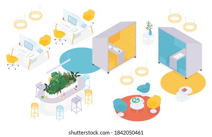 Isometric office interior - desks, conference table, furnitures and appliances. Vector illustration in flat design, isolated. 