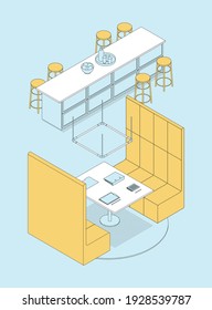 Isometric office interior - desks, conference table, furnitures and appliances. Vector illustration in flat design, isolated. Outlined, linear style.