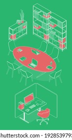 Isometric office interior - desks, conference table, furnitures and appliances. Vector illustration in flat design, isolated. Outlined, linear style. 