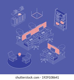 Isometric office interior - desks, conference table, furnitures and appliances. Vector illustration in flat design, isolated. Outlined, linear style. 