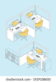 Isometric office interior - desks, furnitures and appliances. Vector illustration in flat design, isolated. Outlined, linear style.