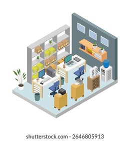 Isometric office interior on white background