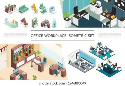 Isometric office interiors collection with variations of workplaces furniture bookcase printer computer coffee machine water cooler plants lamps clocks vector illustration