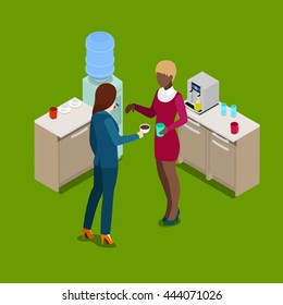 Isometric Office Kitchen. Business People Drinking Coffee. Vector Illustration