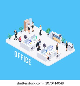 Isometric office life concept. 3d office with workers, furniture and equipment. Vector illustration.