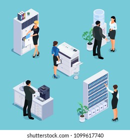 Isometric office life concept. 3d office with workers, furniture and equipment. File cabinet, photocopier, cabinet with folders, water cooler, office kitchen with coffee machine. Vector illustration.
