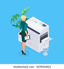 Isometric office life concept. A woman works on a photocopier. 3d office worker makes copies on the scanner. Vector illustration.