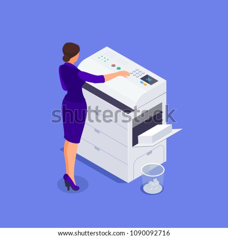 Isometric office life concept. A woman works on a photocopier. 3d office worker makes copies on the scanner. Vector illustration.