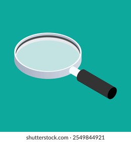 Isometric office magnifying glass icon, symbolizing search or inspection functionality. Vector design for web interfaces, highlighting precision and analysis tools.