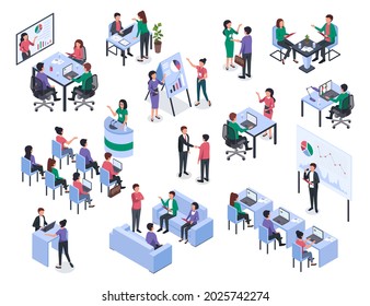 Isometric office meeting, business training, coaching and mentoring. Leader presenting new project. Educational business seminars vector set. Employees discussing company development