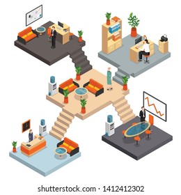 Isometric office multistore composition with five rooms on different floors connected by a staircase vector illustration