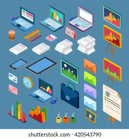 Isometric Office Objects. Business Elements Set with Laptop, Computer. Vector flat 3d illustration