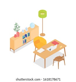 Isometric office on white. Vector illustration in flat design, isolated.