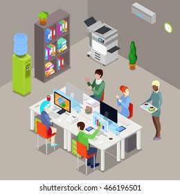 Isometric Office Open Space with Workers and Computers. Vector illustration