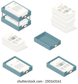 Bandejas isométricas para entrar e sair. Ícones de papelada de escritório. Bandejas isométricas para entrar e sair.