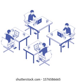 Isometric Office Pack vector illustration, with people during working by laptop, presentation, and social networks